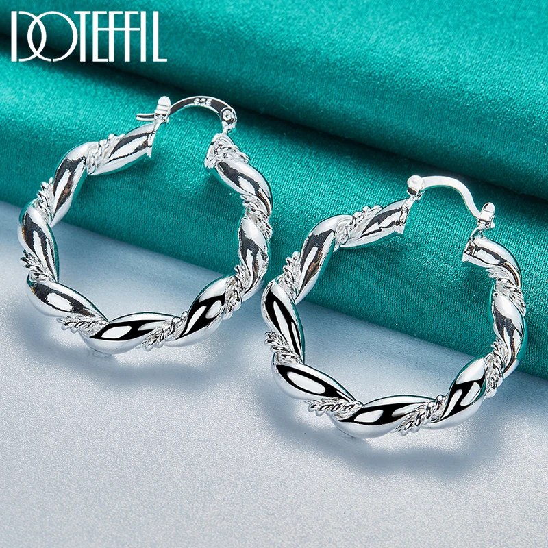 DOTEFFIL 925 Sterling Silver Twisted Rope Loop 38mm Circle Hoop Earring For Woman Fashion Party Wedding Engagement Party Jewelry