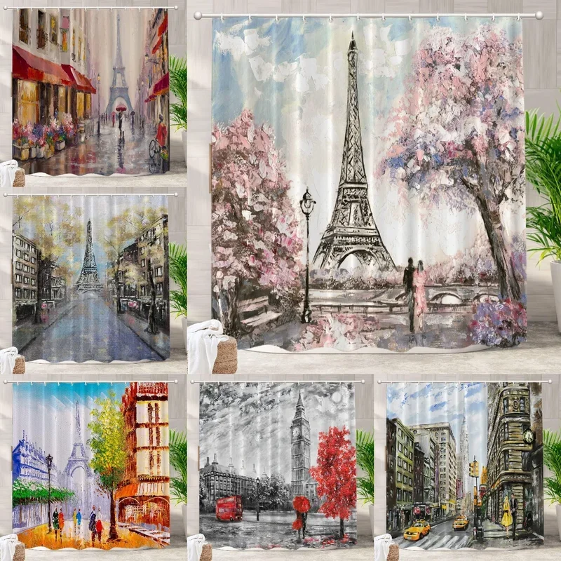 Red Modern Castle Decorative Shower Curtain Eiffel Tower Romantic Cherry Blossom Neuschwanstein Bathroom Decor Polyester Fabrics