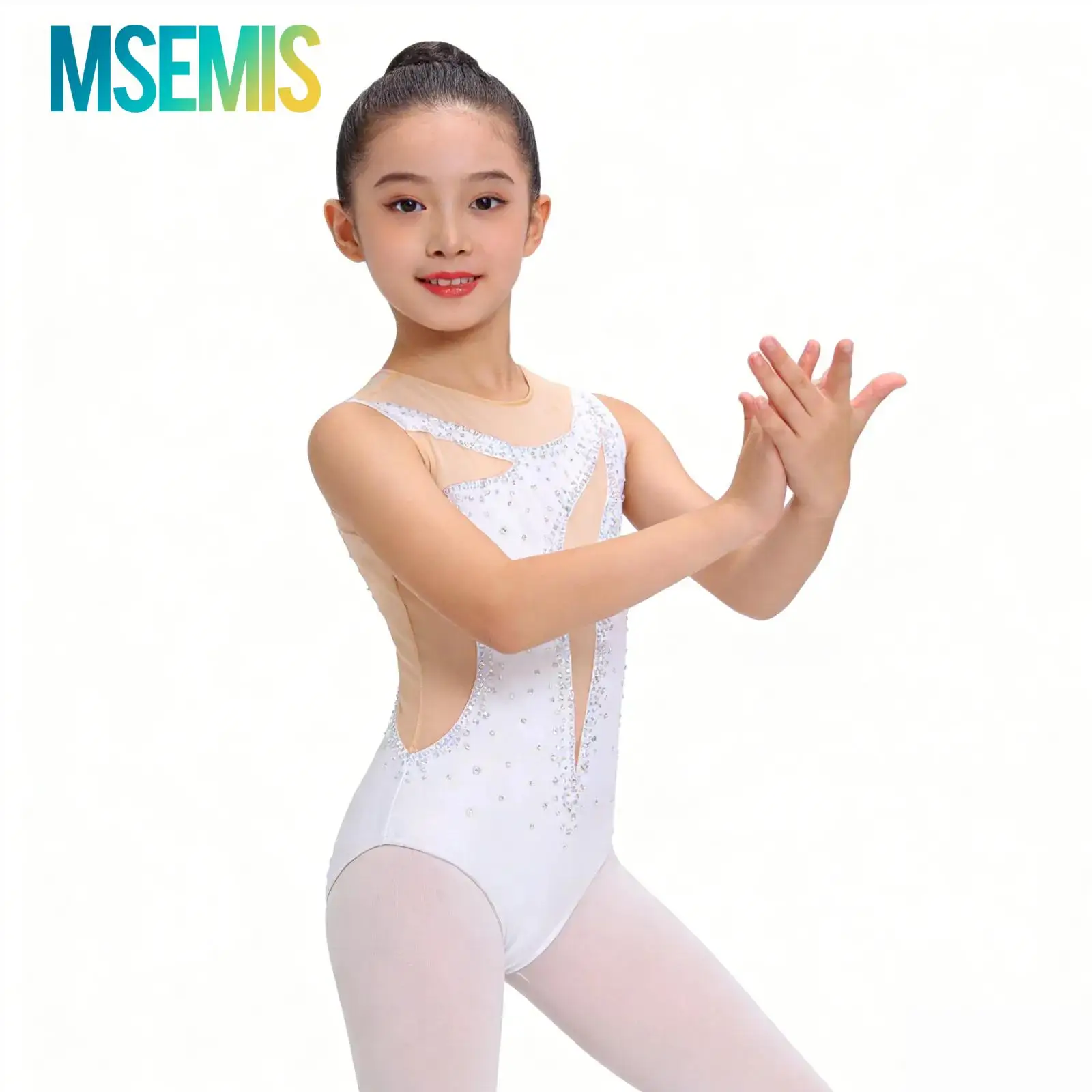 

Kids Girls Rhythmic Gymnastics Acrobatic Artistics Figure Skating Costume Rhinestone Sheer Mesh Ballet Jersey Leotards Bodysuit