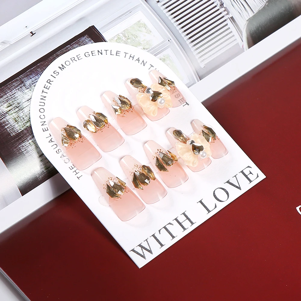 24 Uds. De Gel de gelatina con lazo de diamante brillante, punta para uñas, diamantes de imitación, lazo brillante, uñas postizas hechas a mano, puntas de uñas postizas francesas desnudas