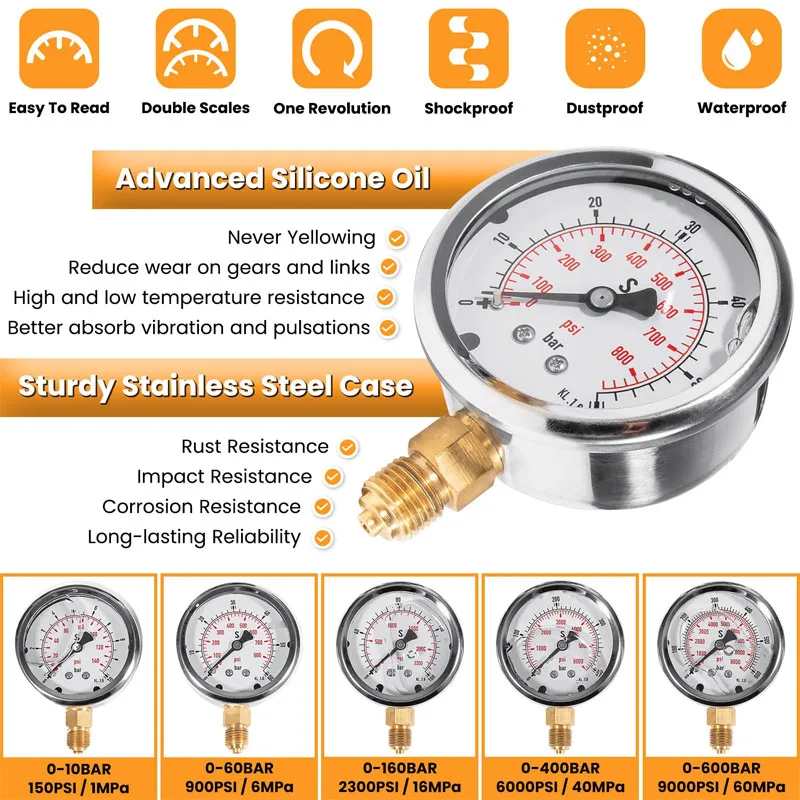 60P Hydraulic Pressure Test Kit & Pressure Gauge Fits Excavator Construction Machinery 1/6/16/40/60Mpa 150/900/2300/6000/9000PSI