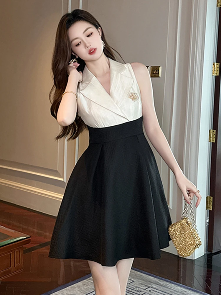 French Style Elegant Fake 2 Piece Dress Women Sweet Apricot Black Contrast Brooch Pleated Short Gown Female Party Work Vestidos