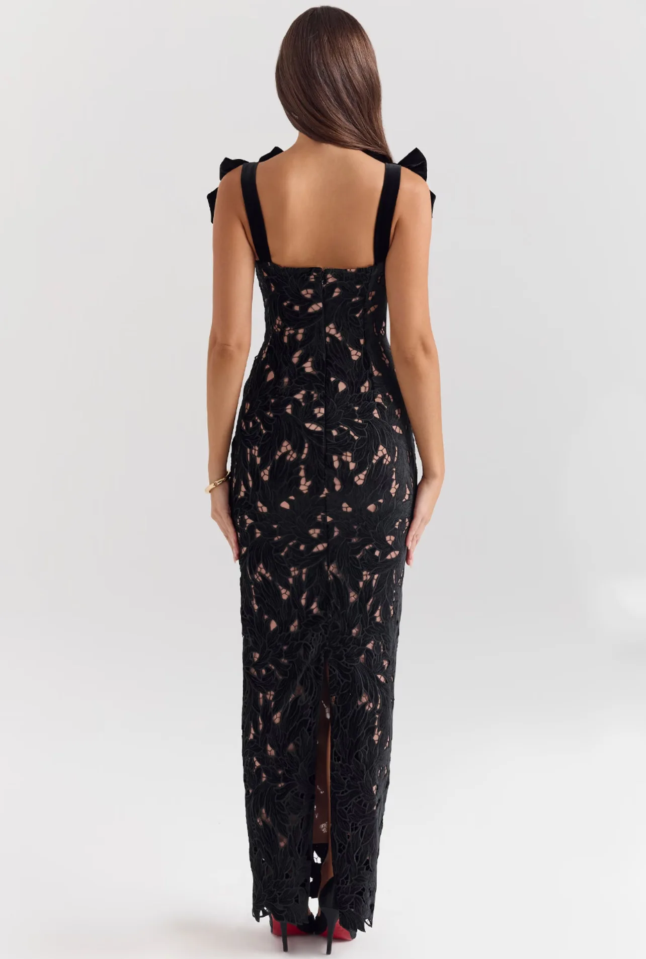 Black Embroidery Lace Dress Women Bow Strap Bodycon Maxi Dress With Slit Elegant Chic Evening Party Dresses Red Gown