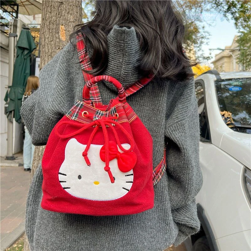 Sanrio-Mini mochilas rojas de Hello Kitty para niña, bolso de hombro Vintage de estilo japonés coreano, bolso de moda Y2k, dibujos animados de Navidad