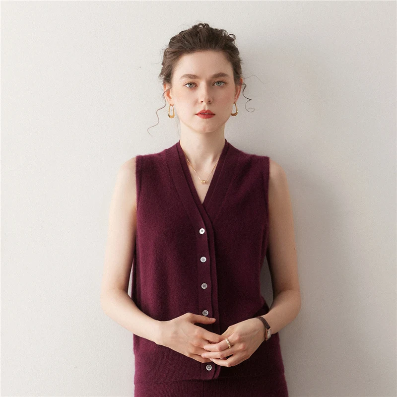 เสื้อกั๊กไหมแคชเมียร์ผู้หญิง ดีไซน์เก๋ 100% แคชเมียร์ ถักนิตติ้ง สำหรับฤดูใบไม้ร่วงและฤดูหนาว แบบไม่มีแขน คอวี เหมาะสำหรับสาวออฟฟิศ