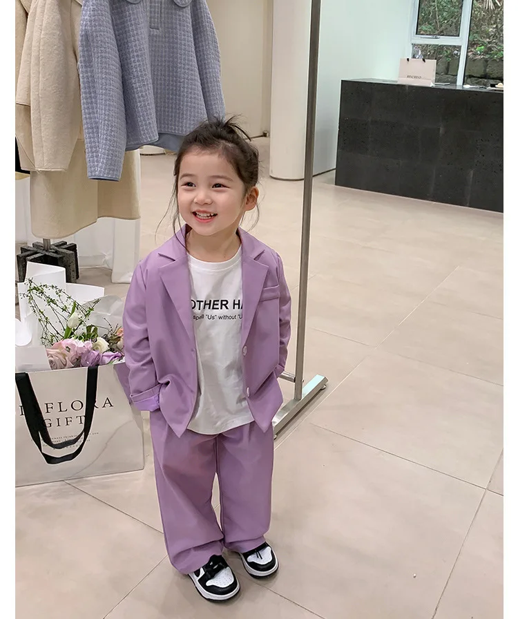 Girls' suit 2024 spring new baby purple coat + straight pants new two-piece set 90-140cm