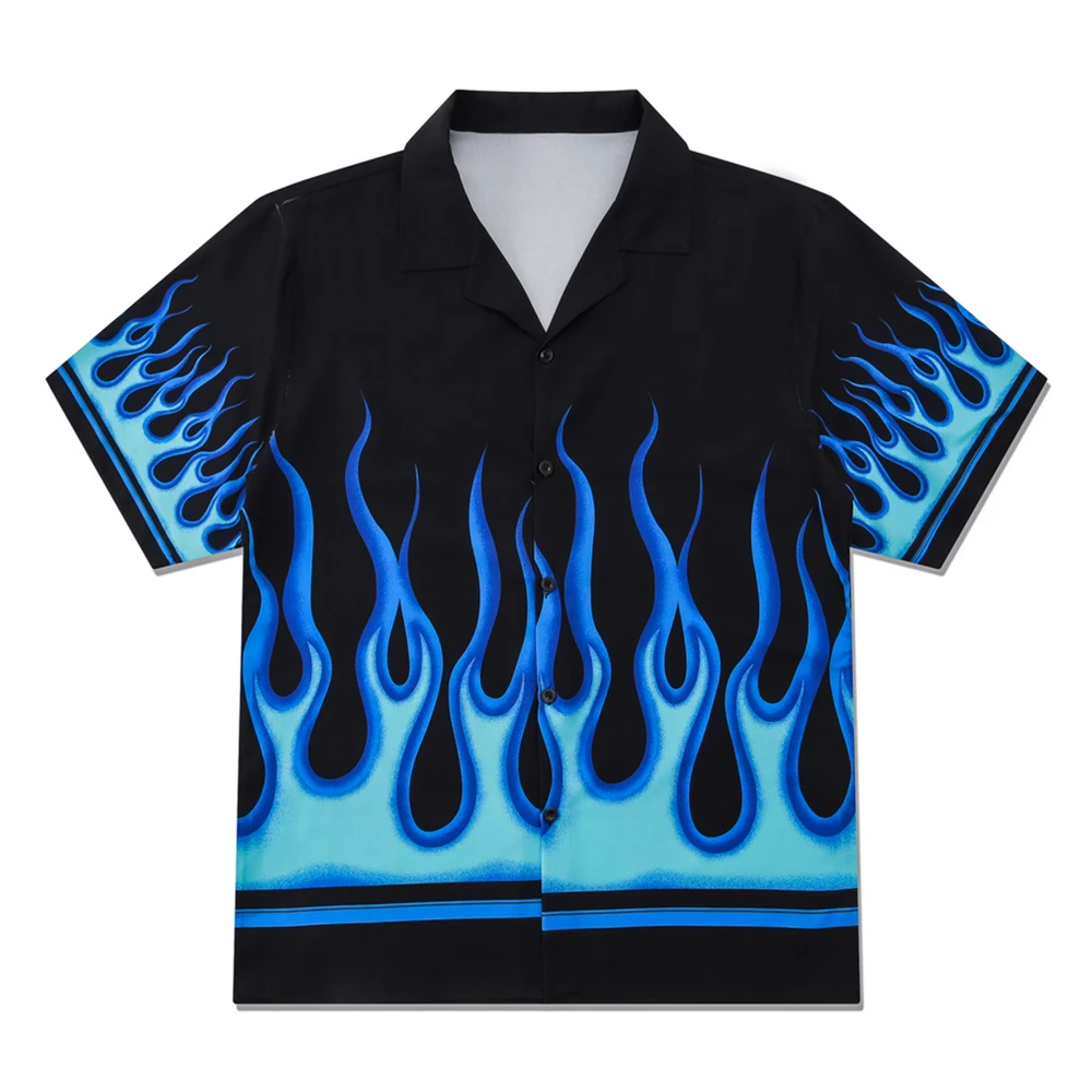 Blue Flame Printed Hawaiian Shirts Short Sleeve Button Down Collar Vintage Shirt Male Top