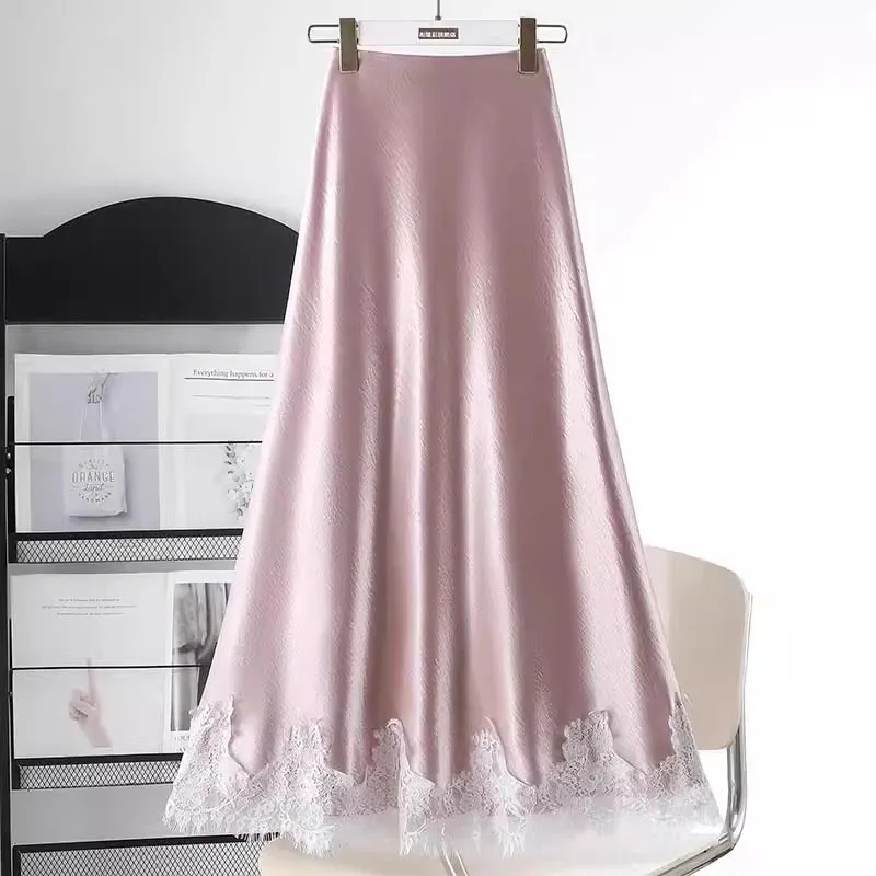 Elegante rendas até rosa cetim saia feminina cintura alta uma linha maxi plissado saias longas sexy preto saia de festa saia feminina