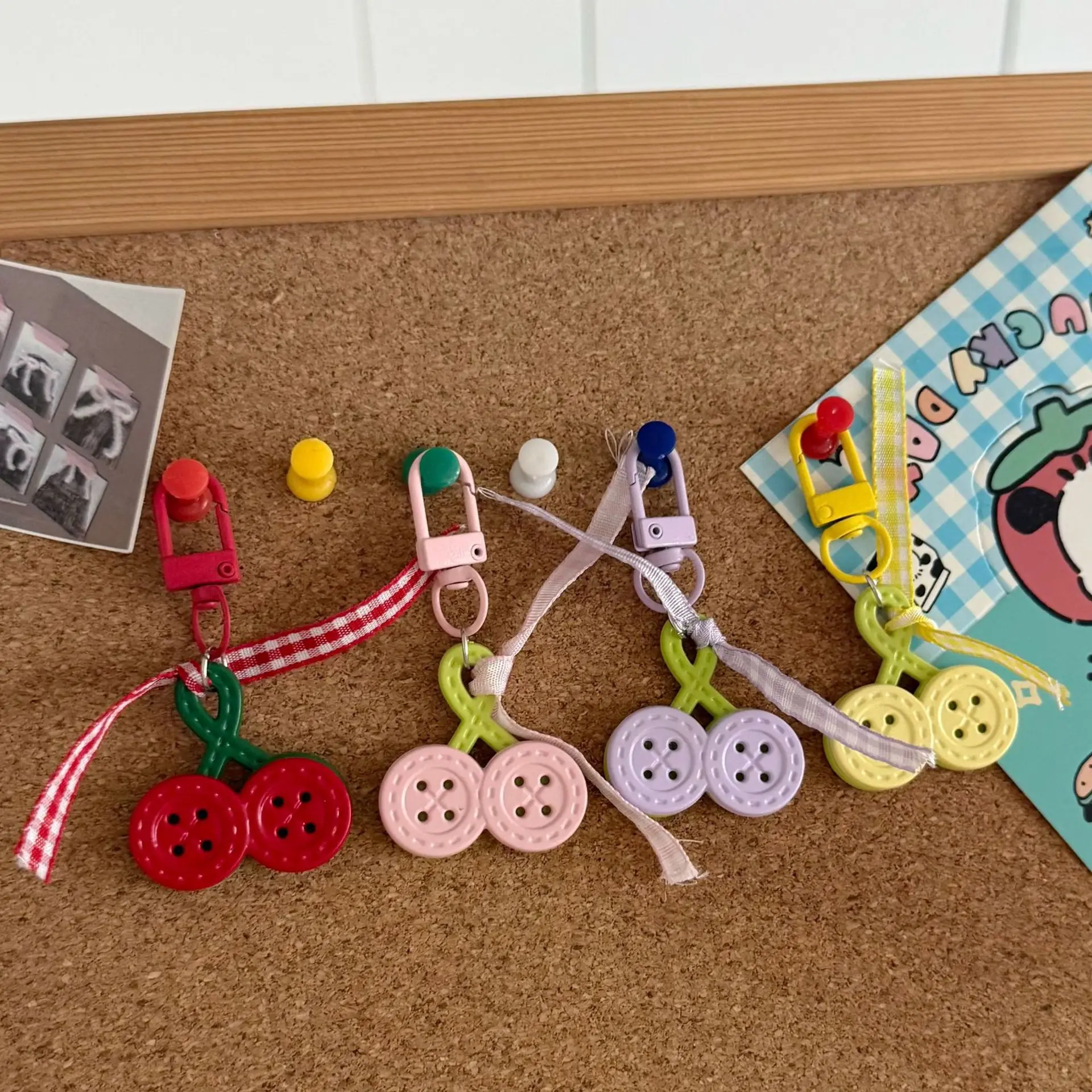 Keychain Cream Cherry Ribbon Bag Charm Cute Pendant for Schoolbag Handbag Travel Gift Lightweight Metal Fabric Red Color Sturdy