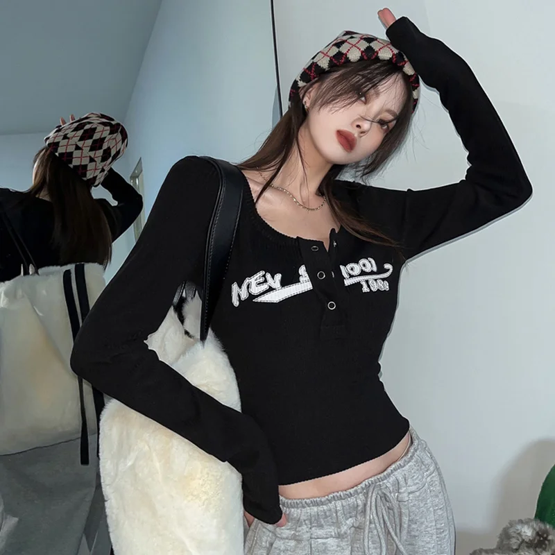 Y2k Long-sleeved T-shirt Knitted Bottoming Shirt Women\'s Fall/winter 2022 New Item Tight-fitting Short Inner Long-sleeved Tops