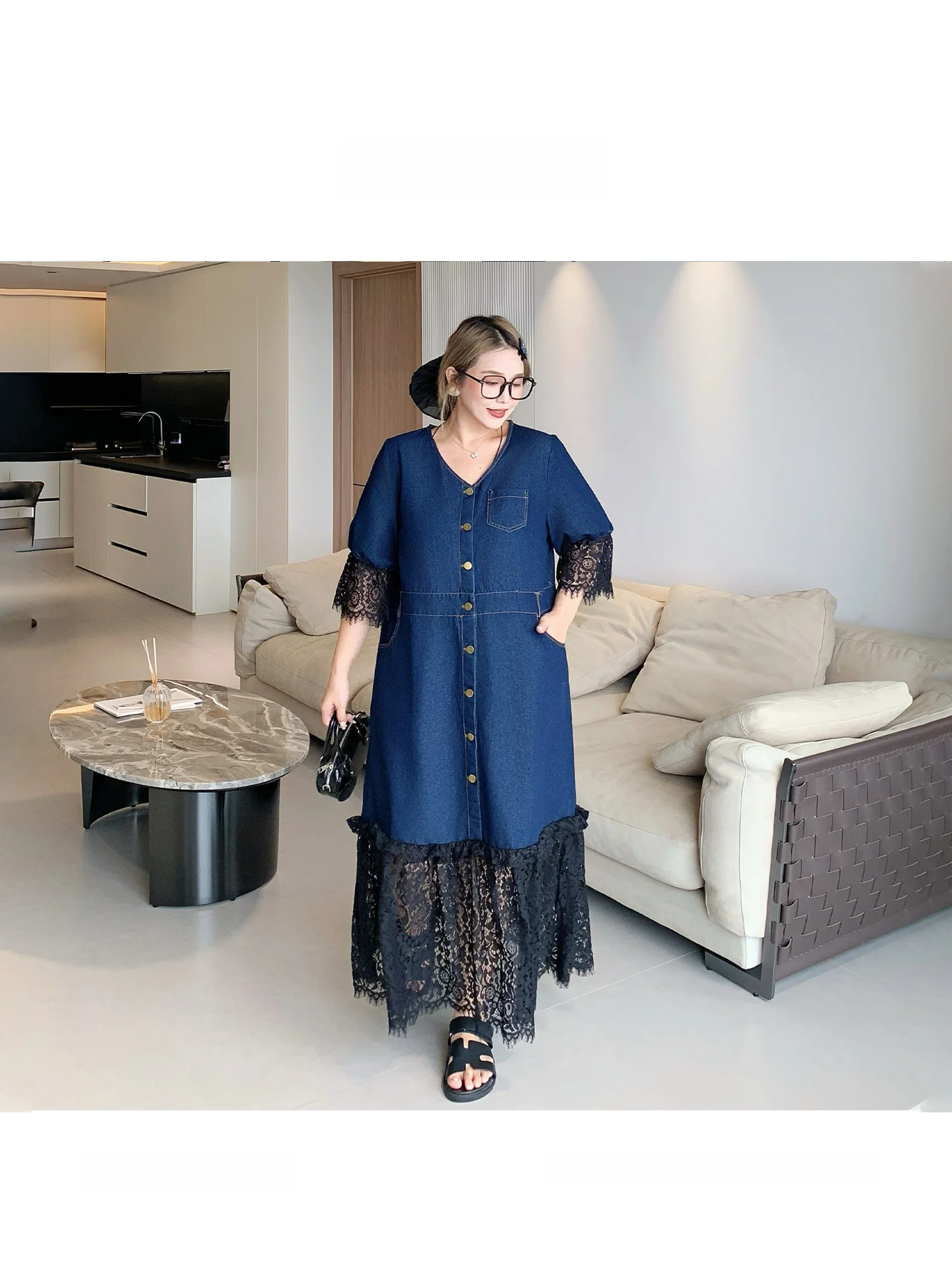 

Yuanzi Home plus Size Summer New Heavy Work Fat MM Patchwork Lace Denim Long Dr Slimming Luxury Casual Loose Fit High Wais...