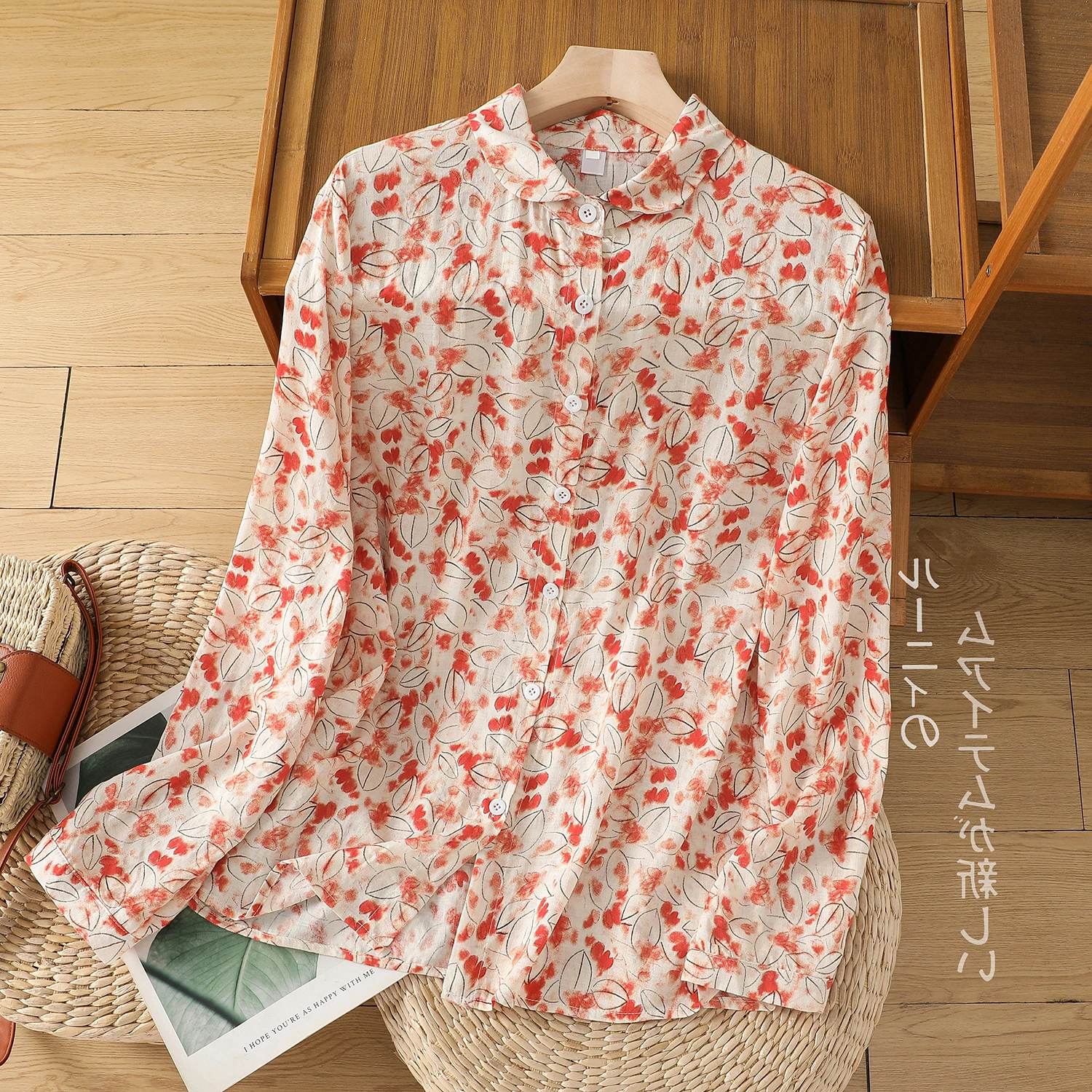 

Spring New Cotton Floral Print Shirt Women's Slim Fit Long Sleeve Base Layer Shirt Vintage Style Breathable Comfortable Top
