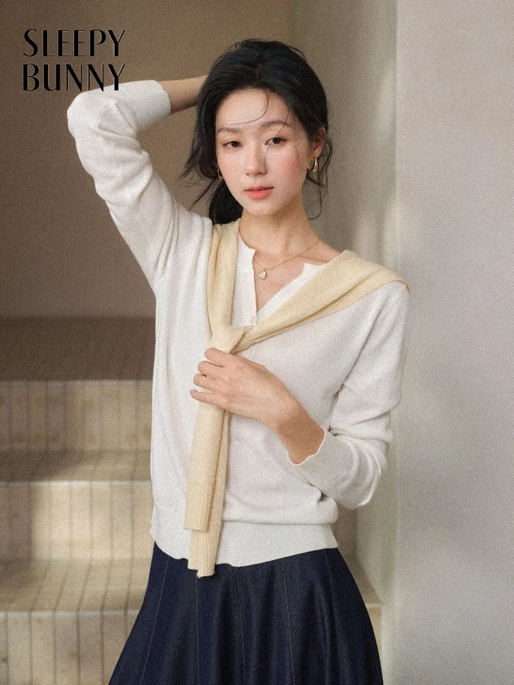 

V Neck Knit Cardigan Women Elegant Preppy Sweater Top Long Sleeve Knitwear Soft Casual Spring Autumn Layering Office Lady Outfit