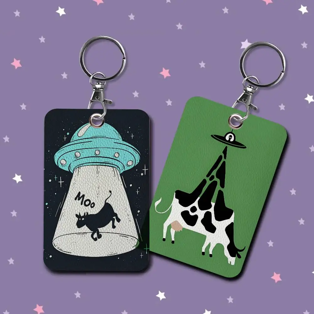 Cows Funny Art Rectangle ID Card Case Keychain Access Card Bag Key Tag Ring Leather Card Holder Key Ring Access