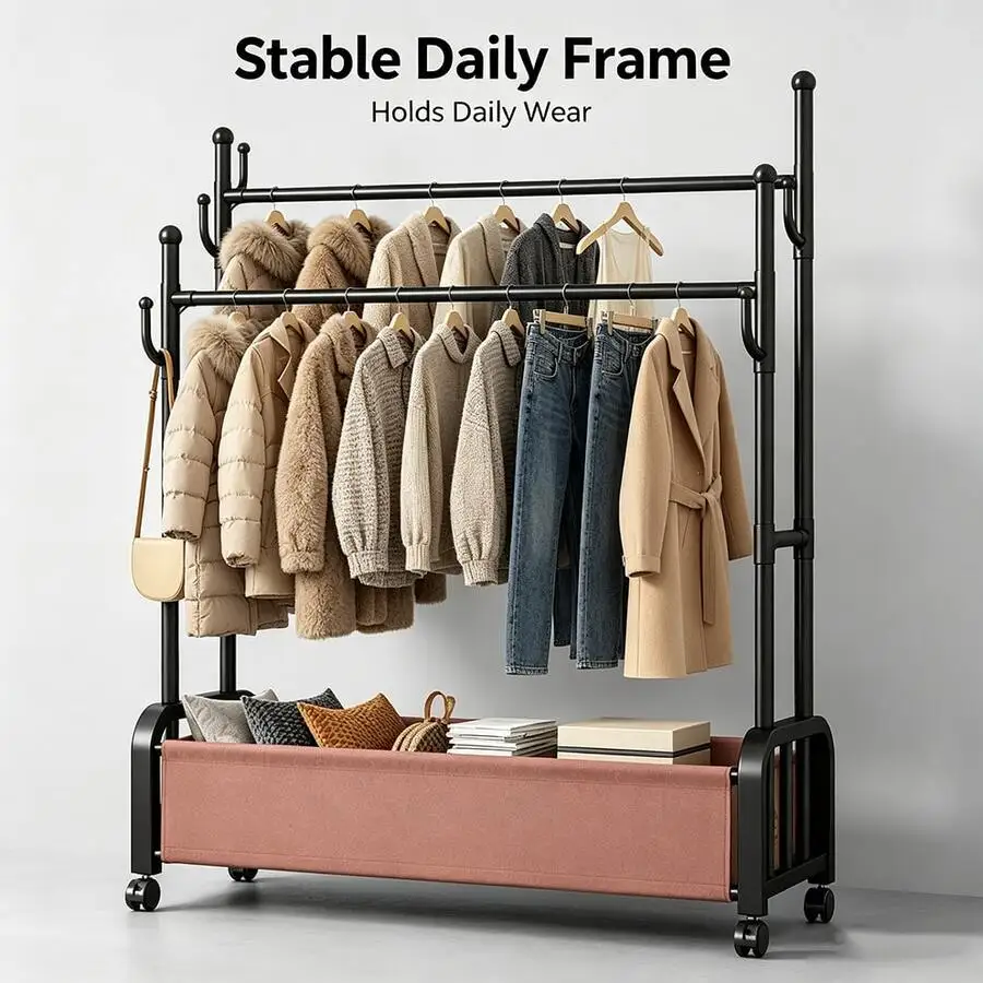 Black/White Double Rod Rolling Garment Rack With Bottom Storage Basket & Side Hooks, Mobile Clothes Rack With Wheels For Bedroom