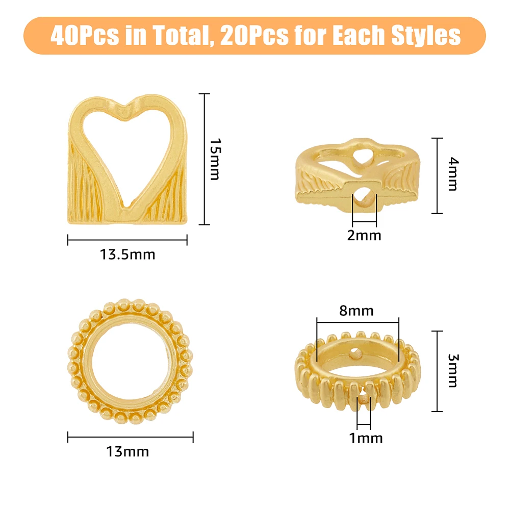40Pcs 2 Style Alloy Bead Frame Matte Style Donut Heart Matte Gold Color 13x3mm Hole: 1mm 20pcs/style