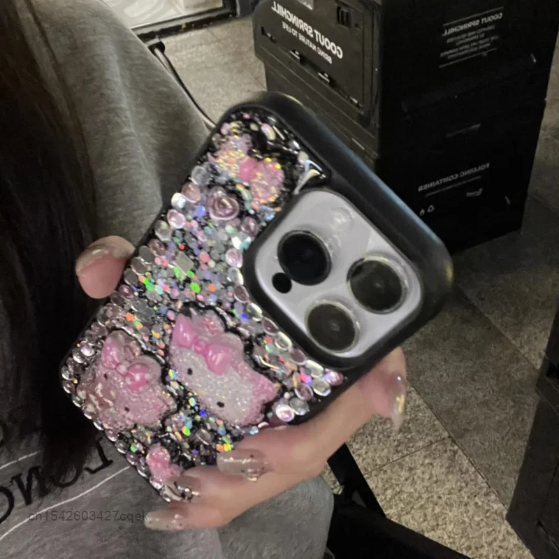 Sanrio Hello Kitty Drip Glue Sequin 3D Cartoon Phone Case For Iphone 15 14 12 13 Pro Max Apple Fashion Luxury Protective Cover