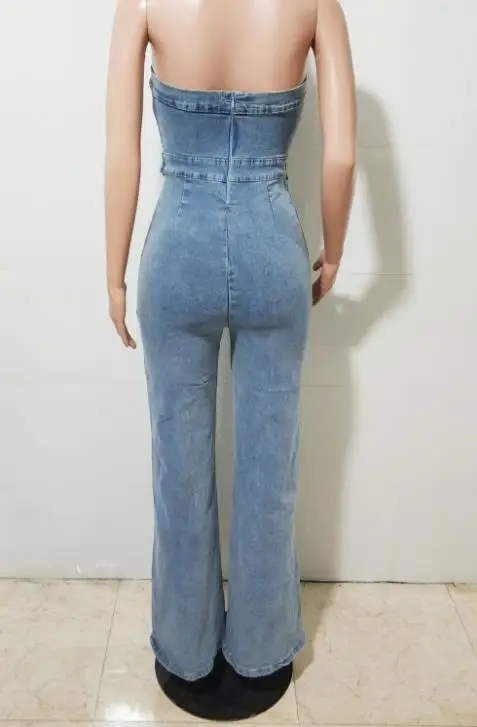 

2026 Elegant New Fashion Casual Sexy Strapless Tight Waist Slim Fit Elastic Wash Long Denim Jumpsuit Wide Leg Pants One Pieces