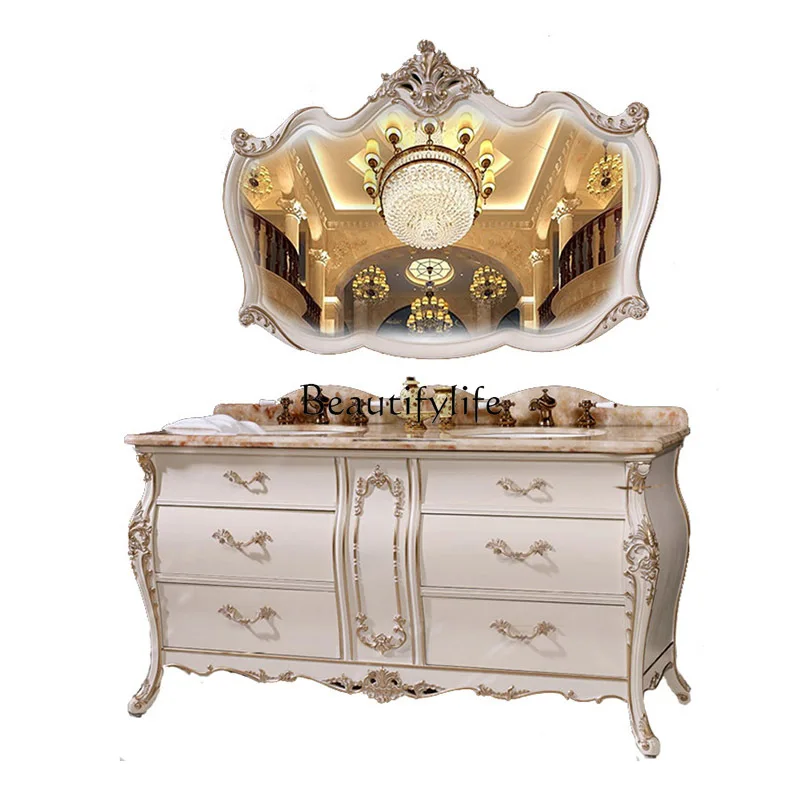 Arc Light Luxury European Bathroom Cabinet Oak Bathroom Cabinet Face and Hand Washing Double Basin Combination Washstand