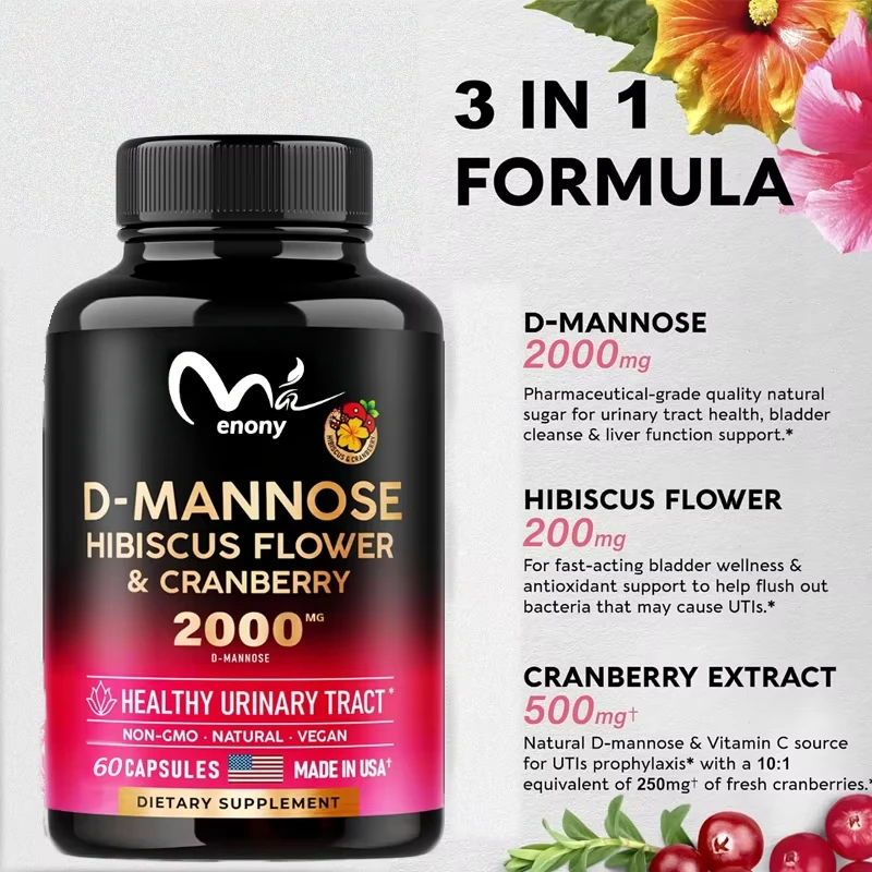 D-mannose 2000mg 60 capsules -3-in-1 bladder, liver, and digestive support cranberry and hibiscus suitable for men and women