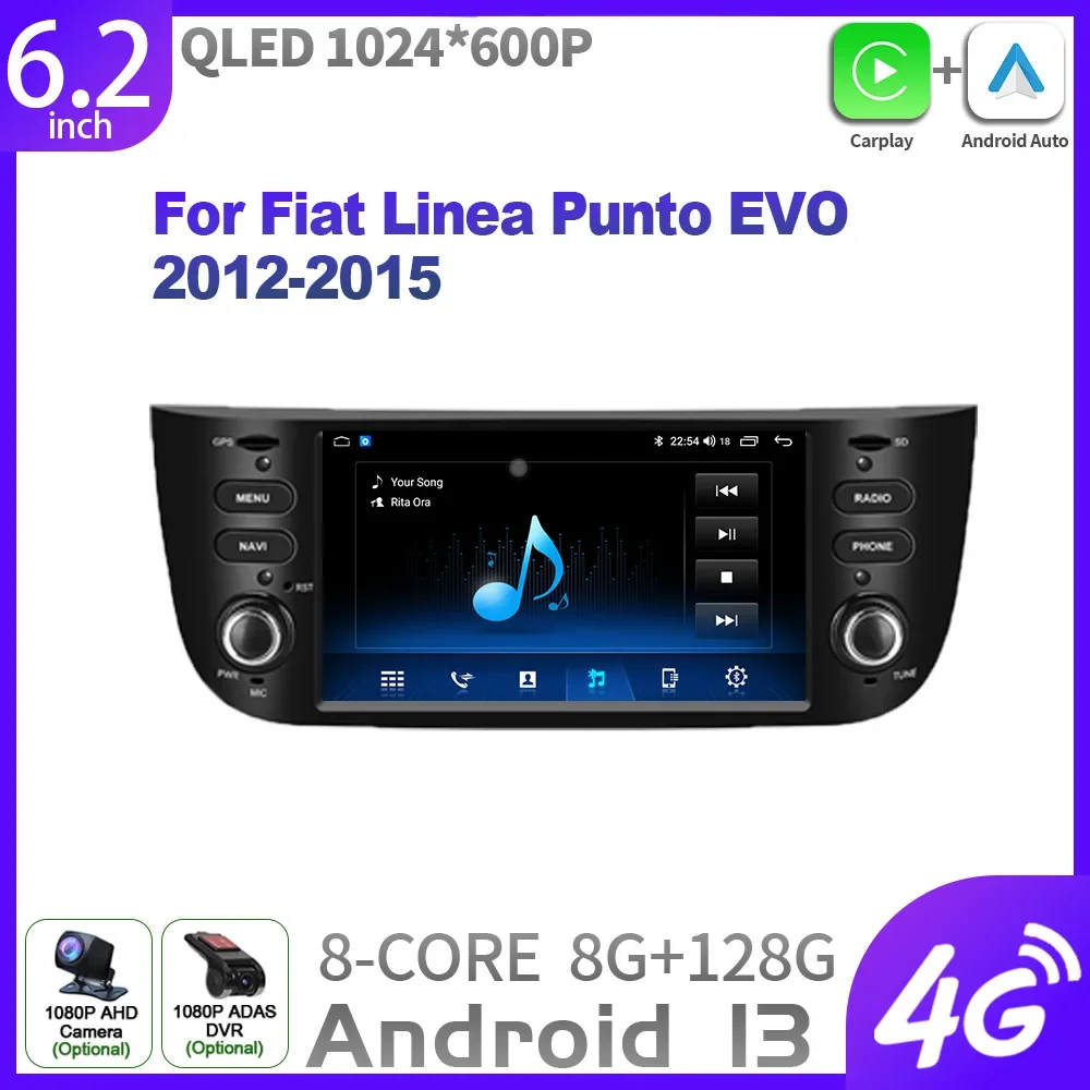 

For Fiat Linea Punto EVO 2012-2015 Head Unit Screen Wireless Carplay Stereo Android 13 Car Radio Multimedia Navigation