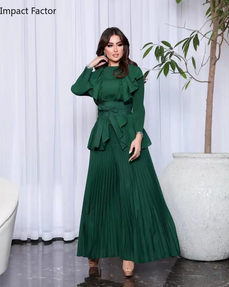 2024 Pleate 2 Piece Set of High Fashion Temperament Original Design Long Sleeve Belt+Versatile High Waist Wide Leg Pants Set