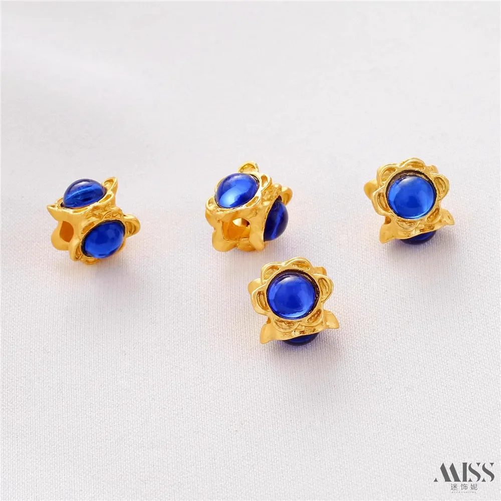 18K Matte Gold Color Inlaid Cat's Eye Jade Large Hole Bead Spacer Loose Bead DIY Bracelet Bucket Bead Jewelry Accessories