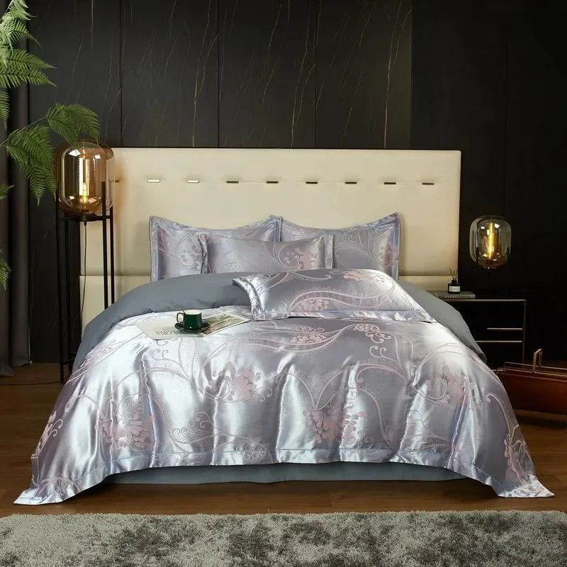 

Delicate Damask Design Fabric Soft Jacquard Weave Cotton Satin Silky Duvet Cover 4Pcs Bedding set with Bed Sheet Pillowcases