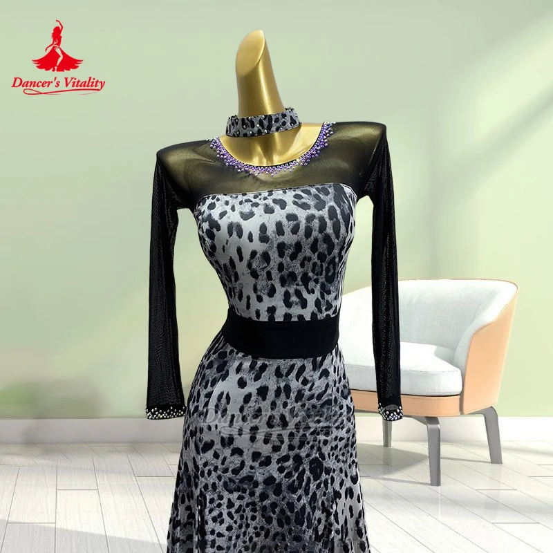 Ballroom Dance Leopard Print Long Sleeve Practise Dress with Necklace Custom Dancer's Vitality Tango Foxtrot Championship Attire
