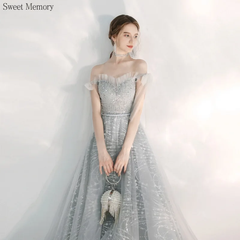 N11276 أزياء فساتين السهرة الفتيات النساء حفلة موسيقية الملابس الحلو الذاكرة مثير قبالة الكتف الطابق طول فستان رسمي فاخر #1