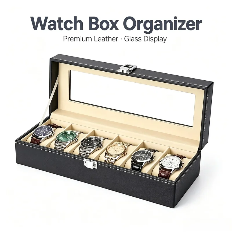 3/12 Slots PU Leather Watch Display Box, Glass‑Top Jewelry Storage Organizer Gift Case for Men Watches