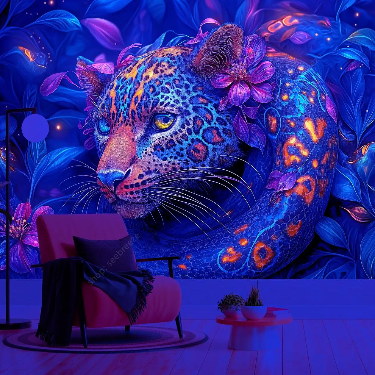 ​​Vibrant Jaguar Wildlife UV Tapestry Floral Jungle Celestial Night Sky Bohemian Wall Art Durable Decor Nature Enthusiast Gift​