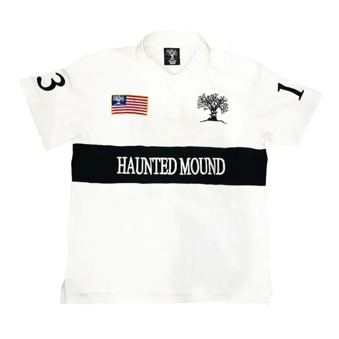 Racing Haunted Mound Embroidered Red Polo Shirt Tshirt Hiphop Retro Pumpkin Head Letter Top Men's Shirts Women Y2k t-shirts