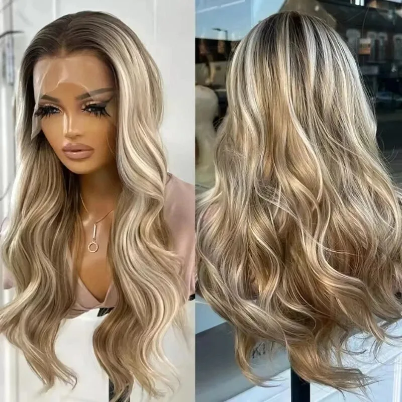 

Balayage Wig Brown Blonde Body Wave Lace Front Wigs 13x4 HD Synthetic High Quality Glueless Pre Plucked Cosplay For Women