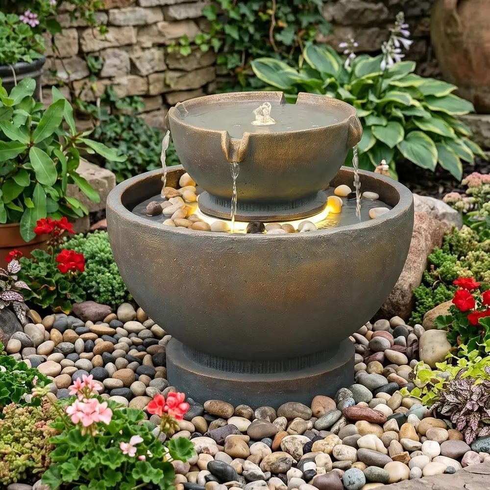 Small Outdoor Water Fountain with LED Lights Tiered Cascading Water Feature for Patio Garden Backyard Decking Home Indoor Decor