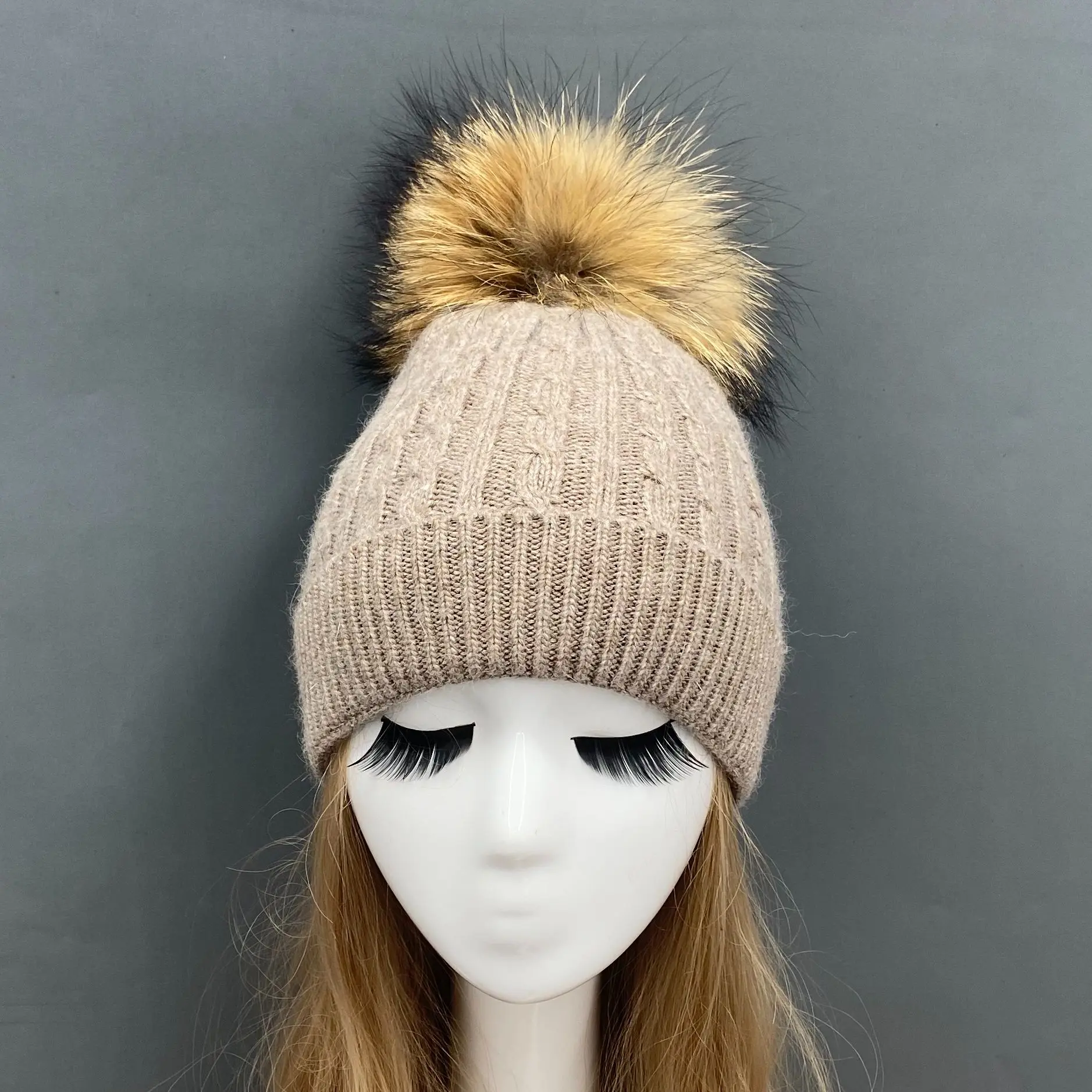 

JANEFUR Knit angora Beanie Hat Women 2023 Promotion Real Fur Pom Pom Cap Soft Warm Winter Bobble Hat