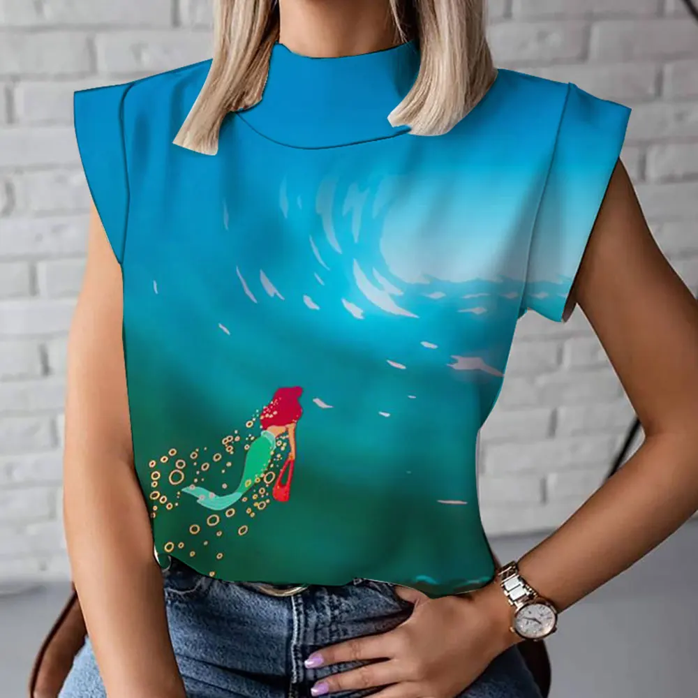 New summer fashion all-match Ariel Mermaid anime Harajuku street print women's high collar T-shirt fashion vest 2024