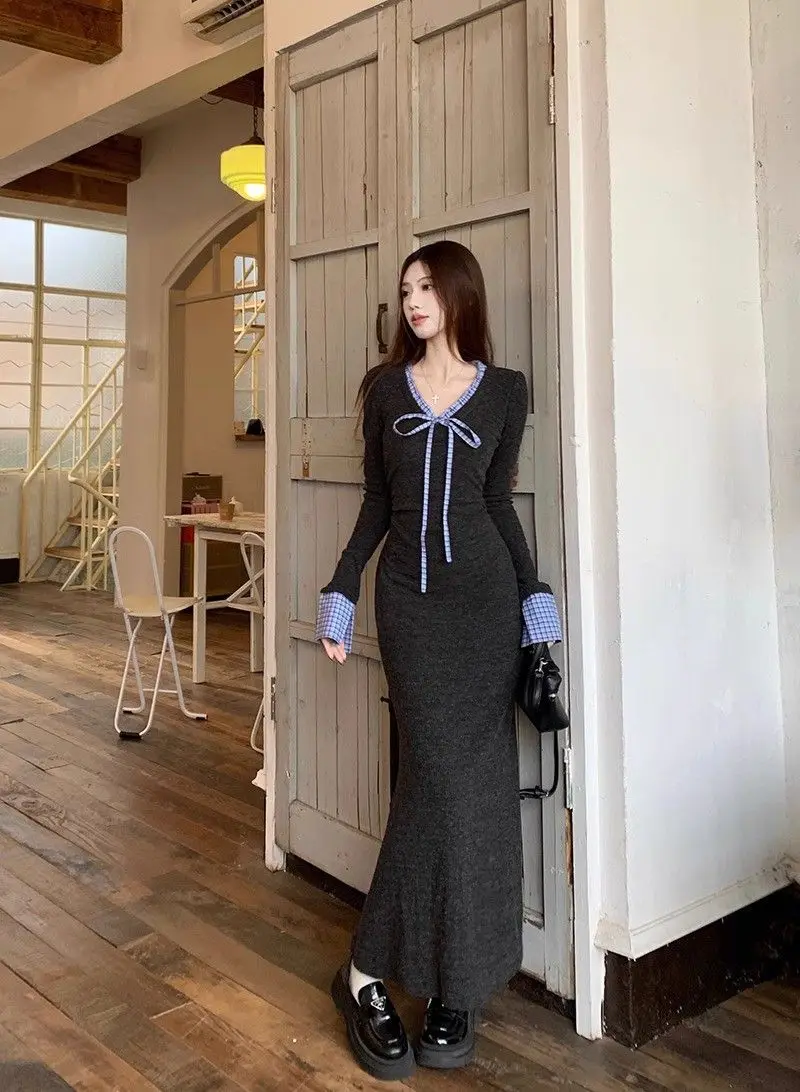 Sukienki Damskie z Długim Rękawem Średniowieczna Wiosenna Sukienka z Cupro Różowa Falbana Kokarda Linia A Uniwersalna Słodka Kawaii Lekka Miękka Prosta