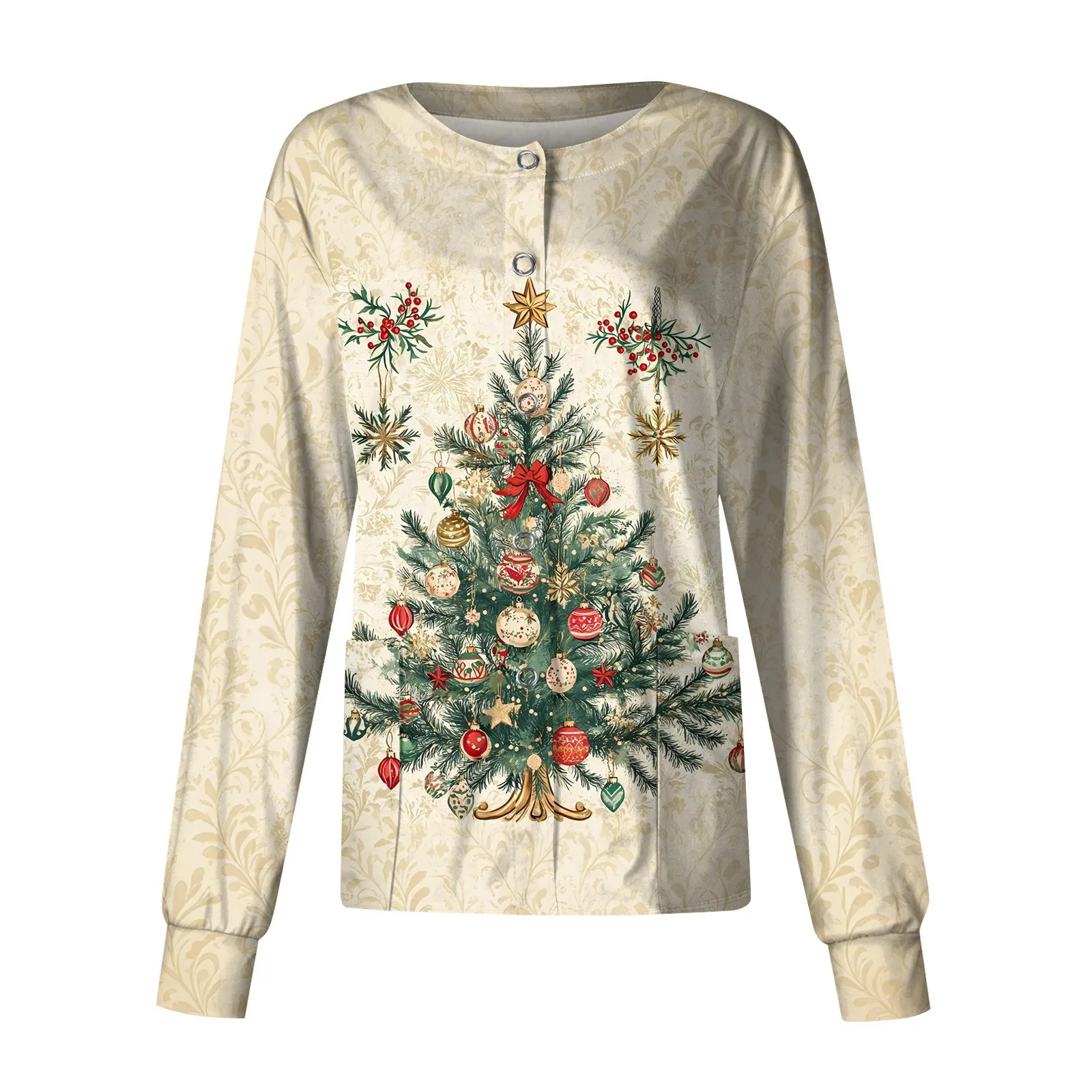 

Single-breasted Protective Overalls Jacket Christmas Pattern Long Sleeve Tops Round Collar Pocket Nurse Working Cardigan Top