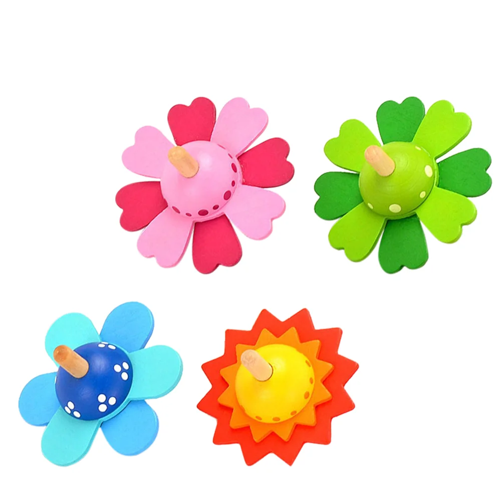 4 Pcs Flower Spinning Top Pressure Relief Toys Kids Wooden Gyro Shape Children Plaything Rotating Stress Reliever Educational