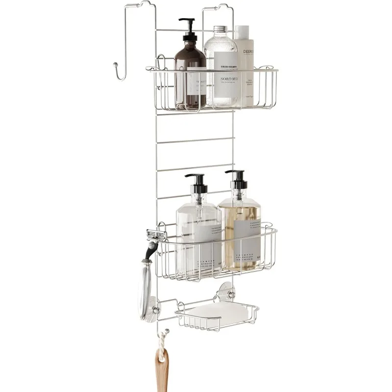 

Home Shower Caddy Hanging Over the Shower Door Organizer, Stainless Steel Rack with 2 Shelves and Built in Hooks, Bathroom