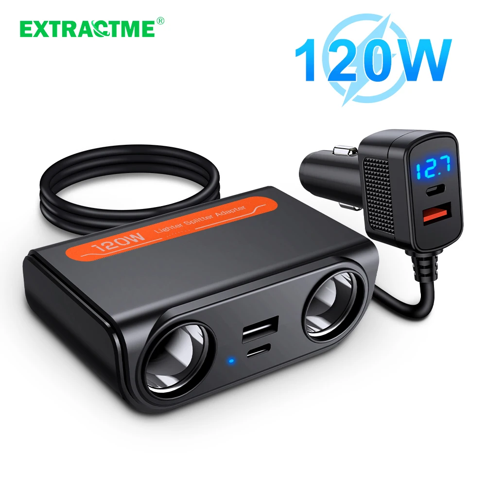 Extractme 3 in 1 Dual USB PD Socket 120W Car Cigarette Lighter Splitter 12V 24V Fast Charger Plug Phone Power Adapter for Car