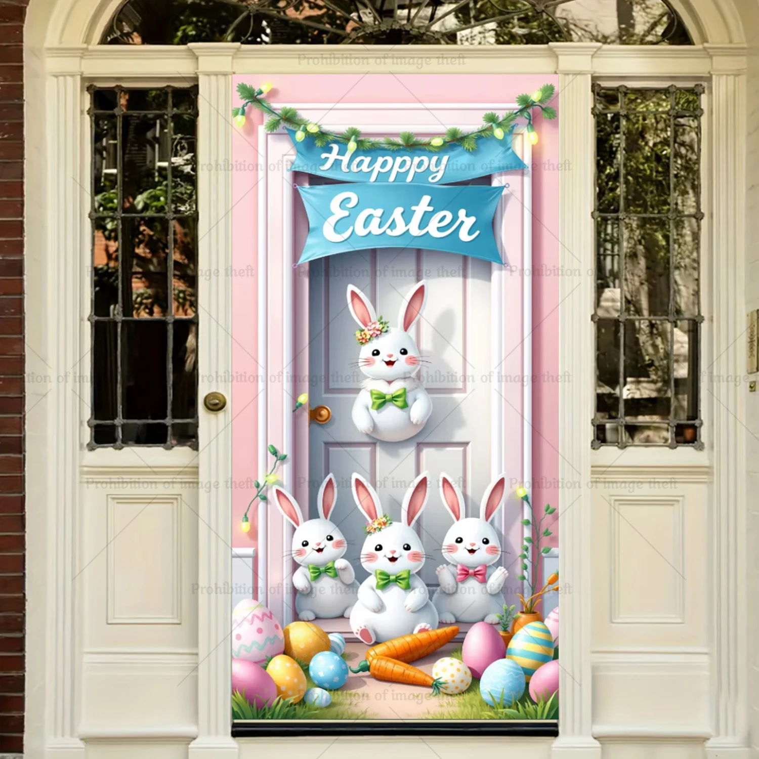 Happy Easter Theme Fantasy Background Spring Door Cover Bunny Flower Eggs Cute Rabbit Baby Party Children Birthday Decor Gift
