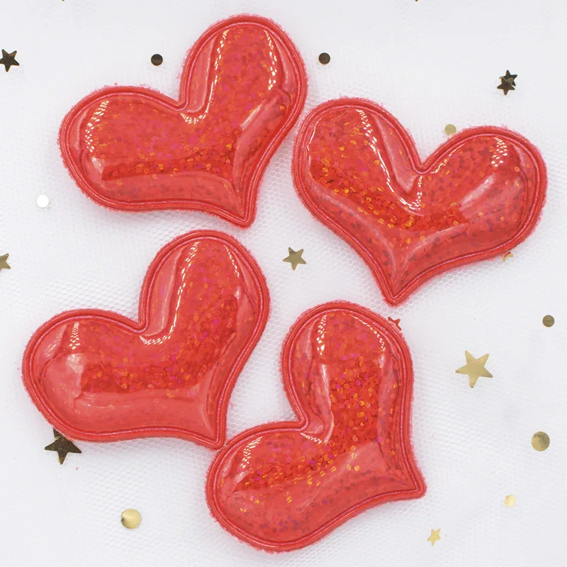 12Pcs Glitter Heart Padded Patches Laser PU Fabric Applique for DIY Hair Clasp Girl Hair Band Headbands Ornaments Accessoies