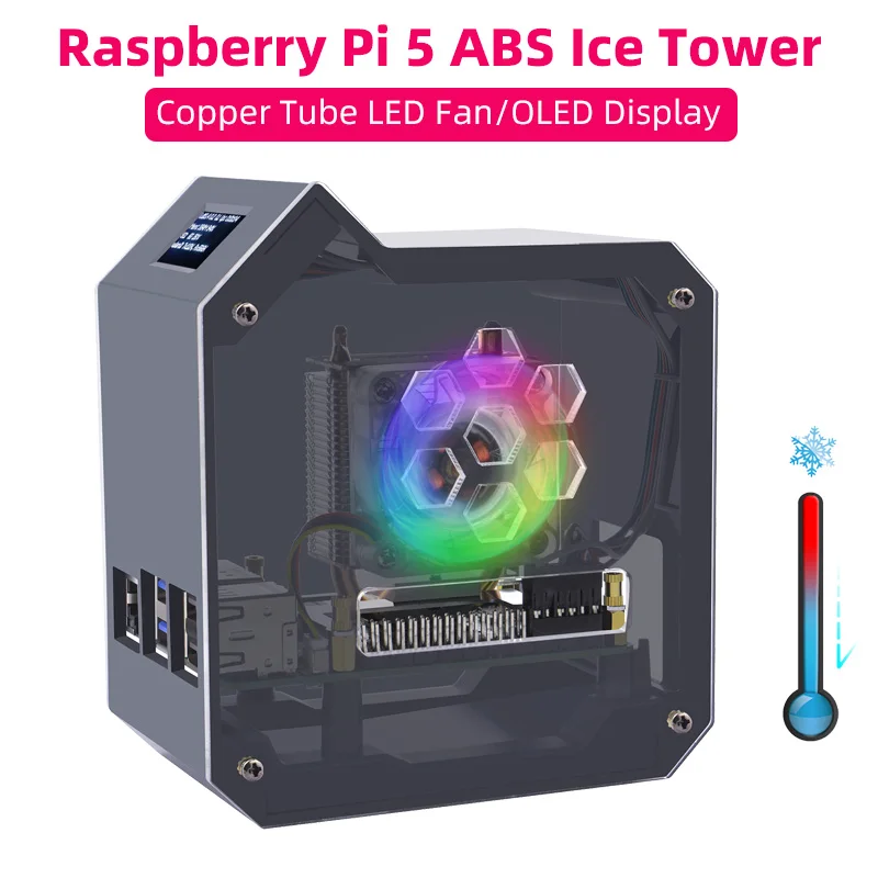 

Raspberry Pi 5 ABS Mini Tower чехол медная трубка Ice Tower Fan PWM JST 4-контактный порт RGB светодиодный с OLED-дисплеем 0,96 дюйма для RPI 5 Pi5