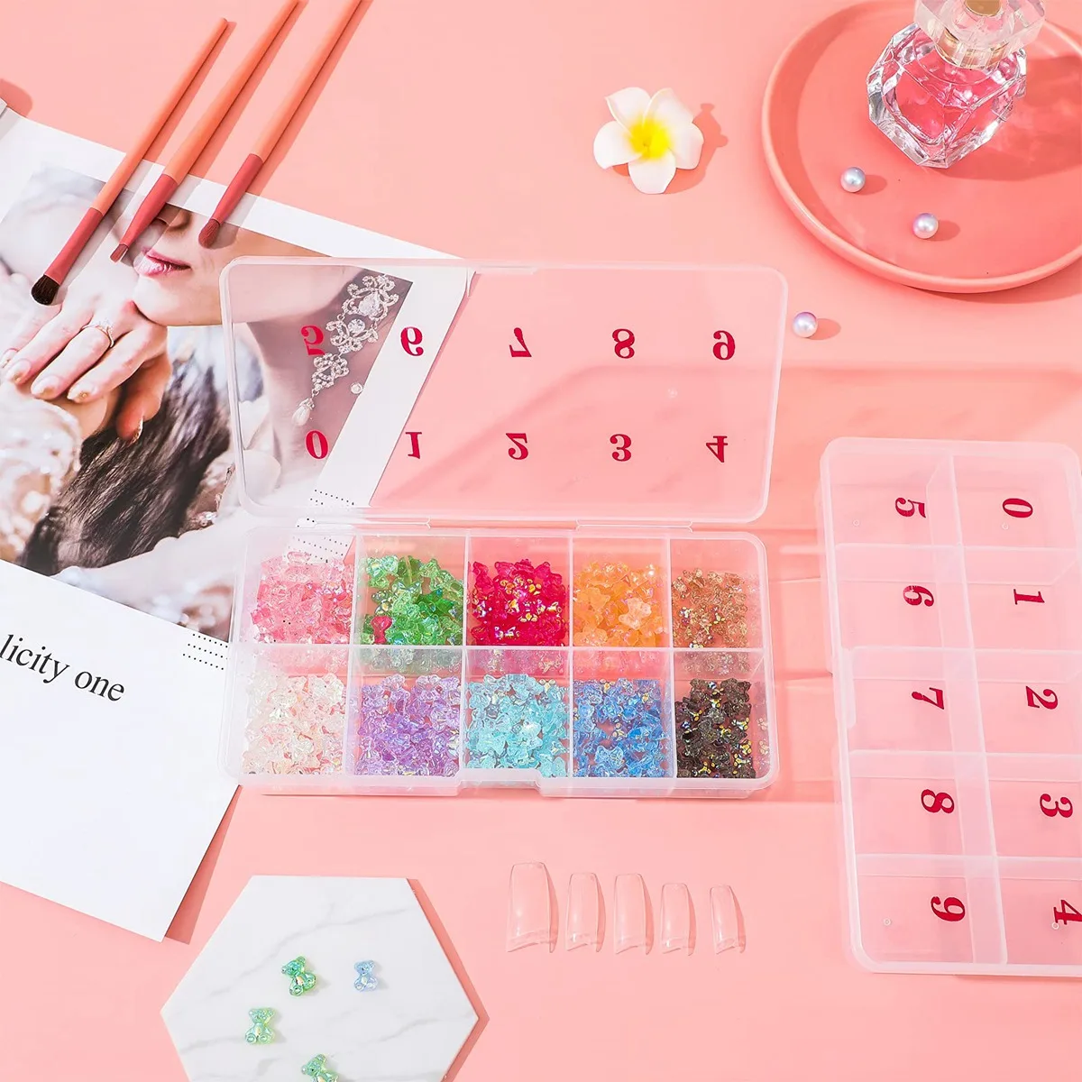 3Pcs False Nail Tips Transparent Storage Box with 10 Number Empty Spaces Storage Case Container Nail Art Organizer Box
