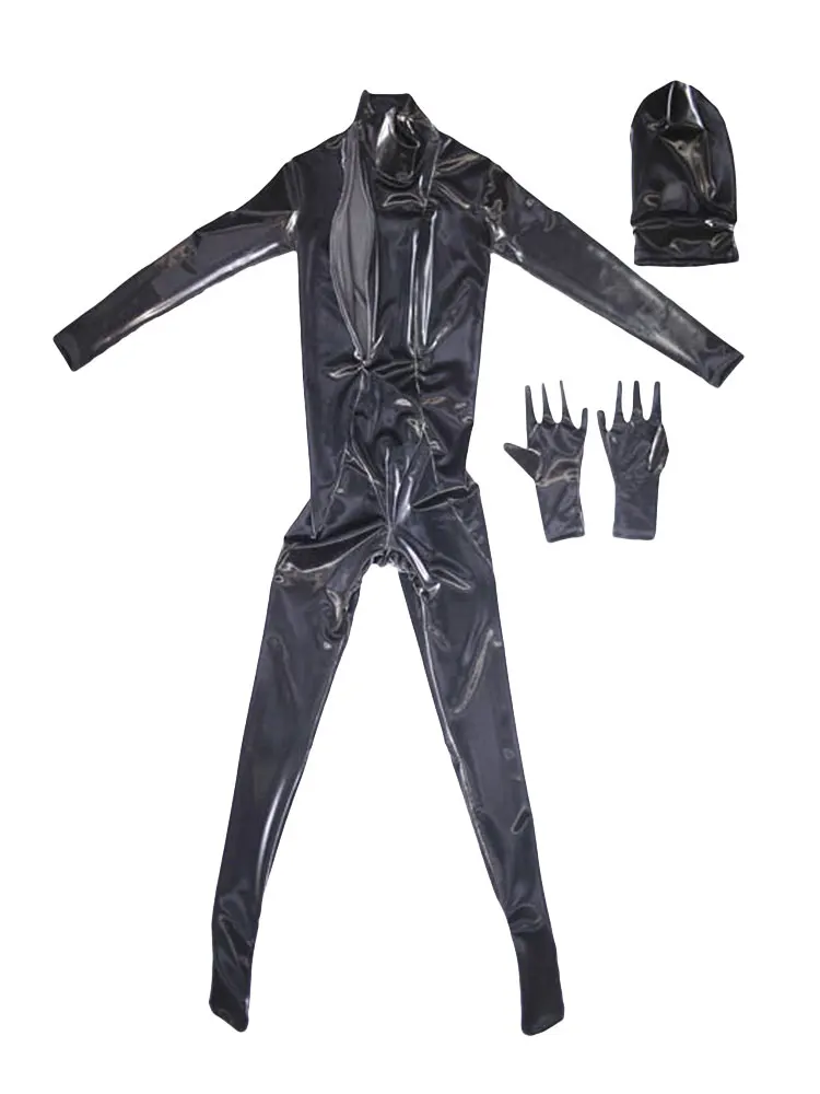 Sexy Women PU Faux Latex Full Cover Bodysuit Elastic Maid Tight Catsuit Stage Jumpsuit Open Crotch Leoatrd Catsuit With Glove