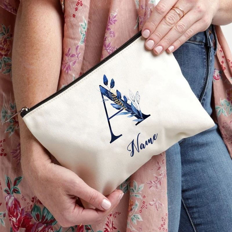 Indigo lettera nome personalizzato borsa per il trucco alfabeto personalizza regalo per insegnanti di damigella d'onore amici custodia cosmetica borsa da donna fai da te