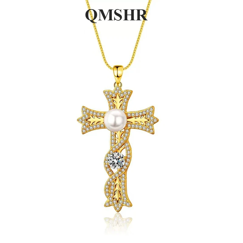 

QMSHR 18K Gold Plated Moissanite Cross Necklace woman 925certified GRA Jewelry Sterling Silver Birthday Party Women Gift