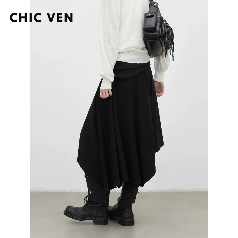 

Модная женская юбка CHIC VEN, черная, А-силуэт, свободная, повседневная, новая, плиссированная, с волнистым подолом, на шнурке, весна-осень 2026